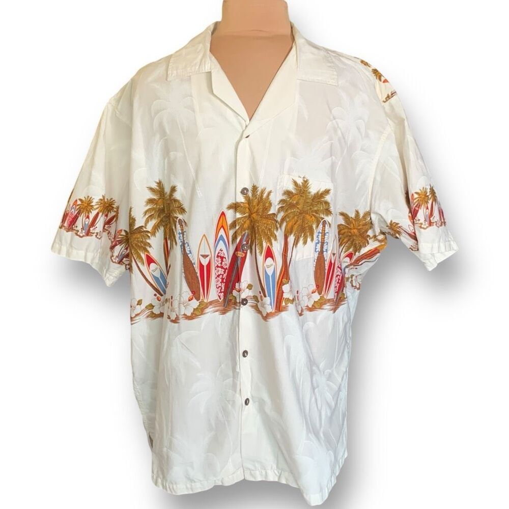 Vintage Shirt Floral Short Sleeve White Surfboard Hawaiian Printed Boxy Camp